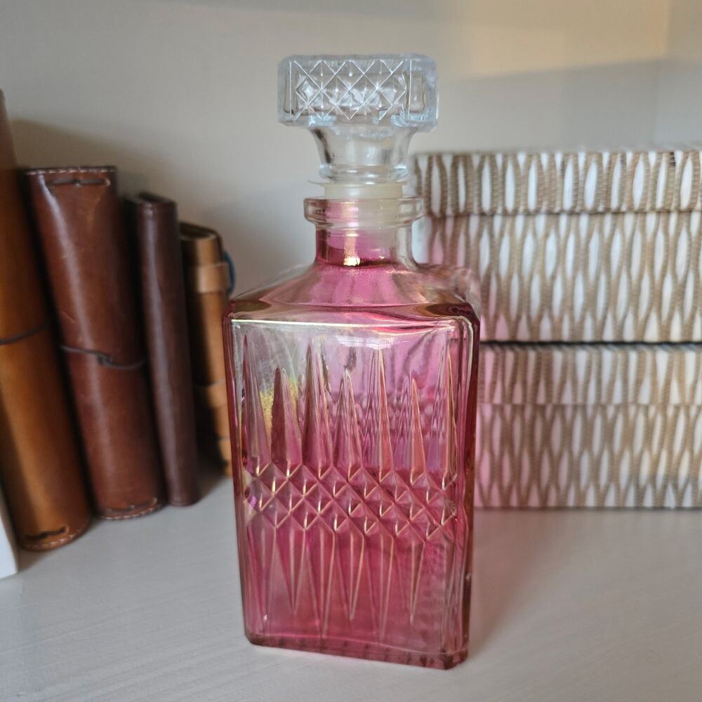 Vintage Cranberry Flash Art Glass Diamond Quilt Decanter with Stopper – 9″